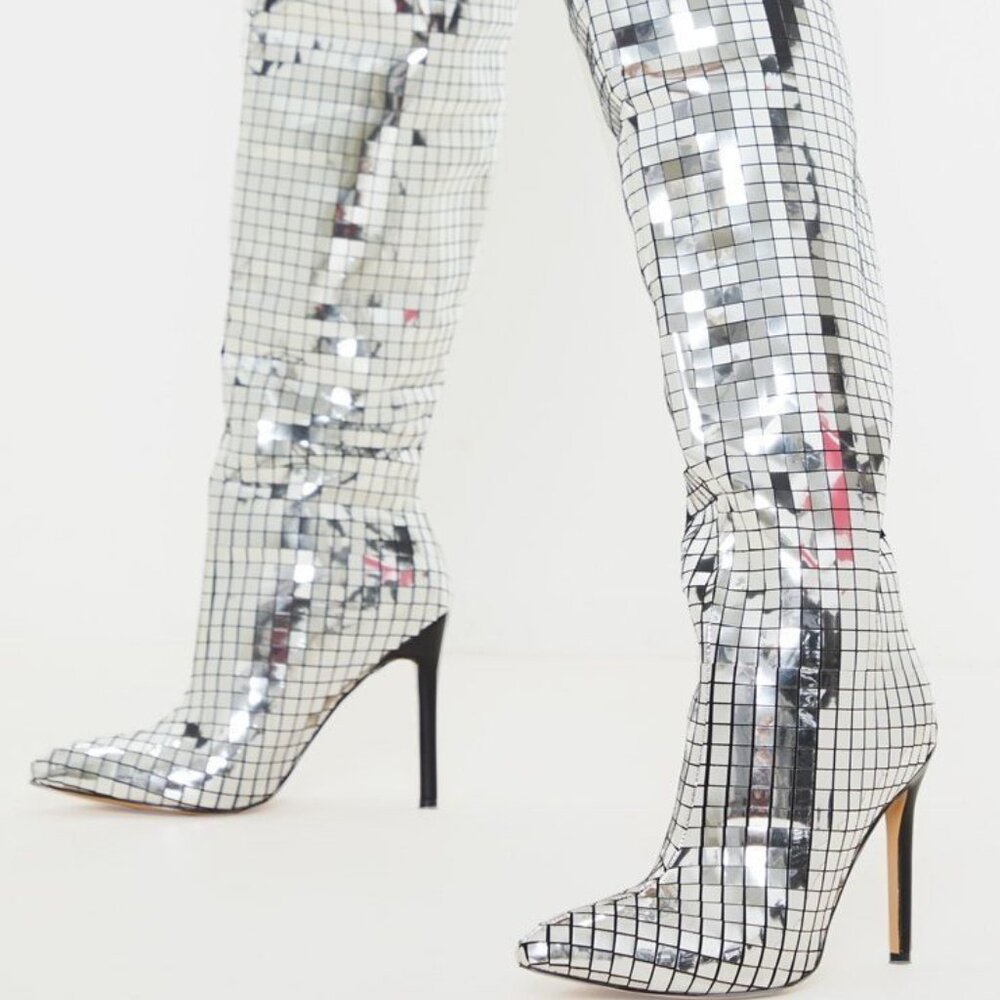 Silver Metallic Disco Ball Knee High Boots Shoes Size 9/40